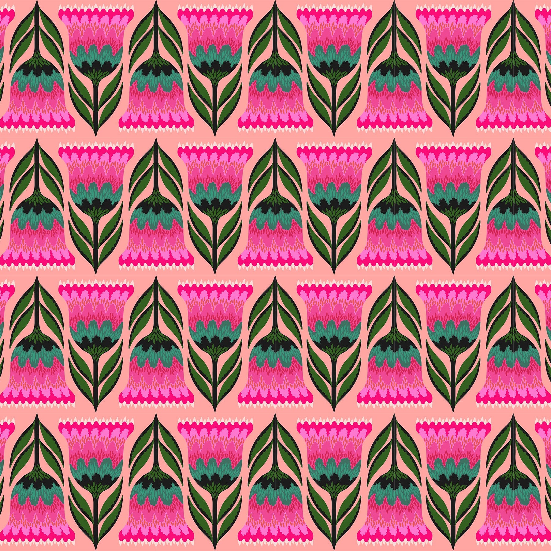 Pattern of pink and green floral design on a pink background