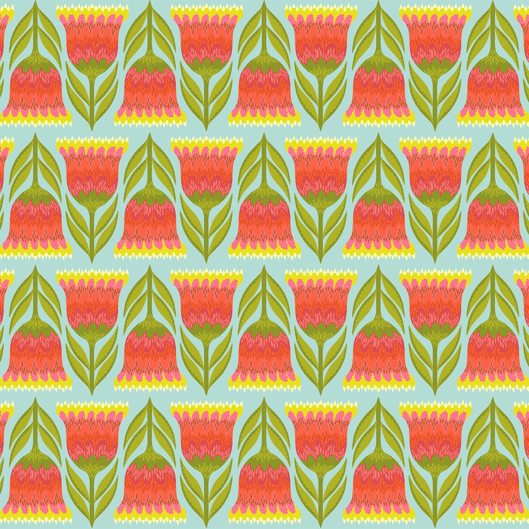 Pattern of pink and green shapes on a blue background