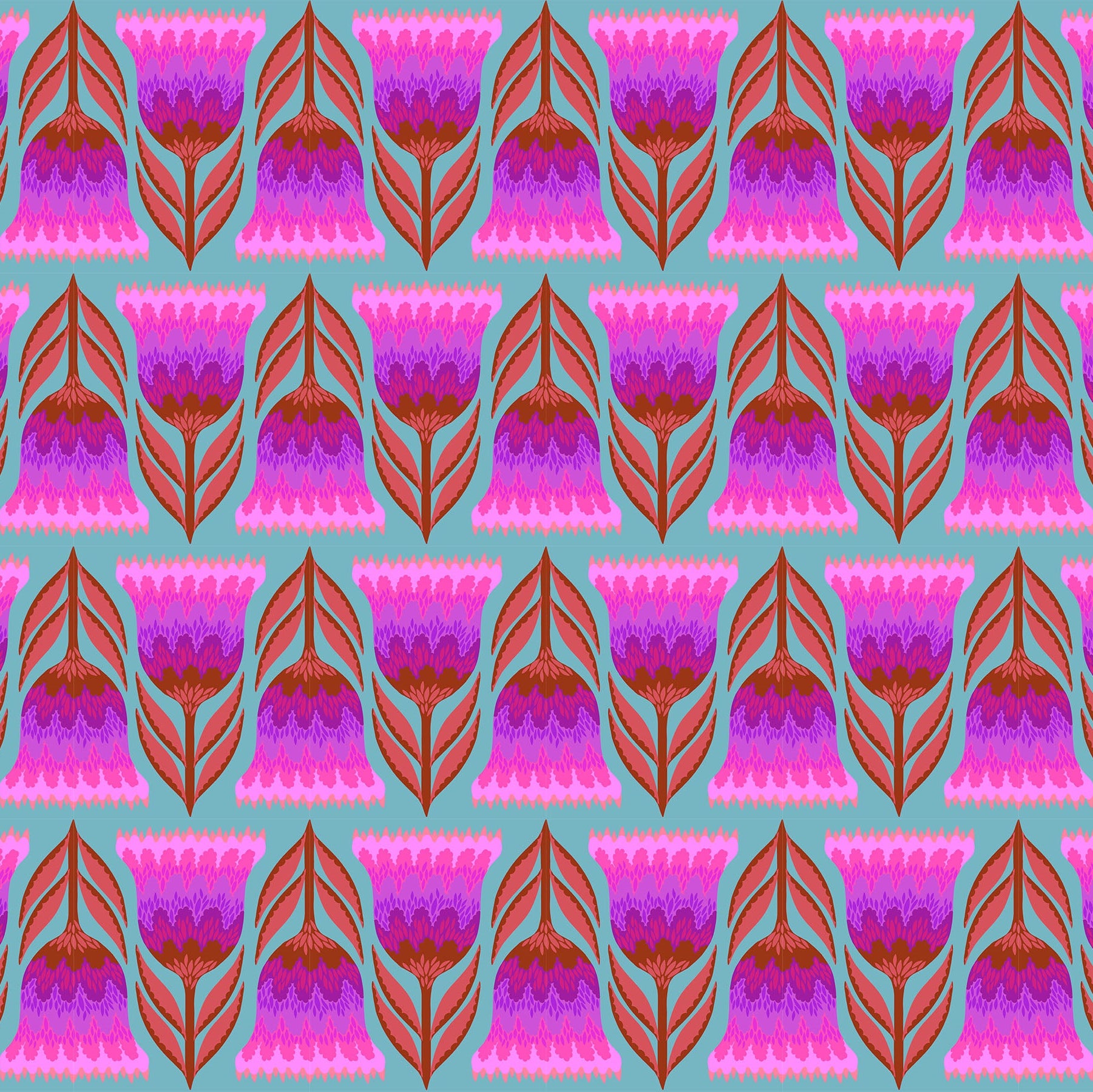 Pattern of pink and purple geometric flowers on a blue background