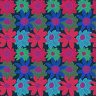 Pattern of colorful pink, blue and green flowers on a dark blue background