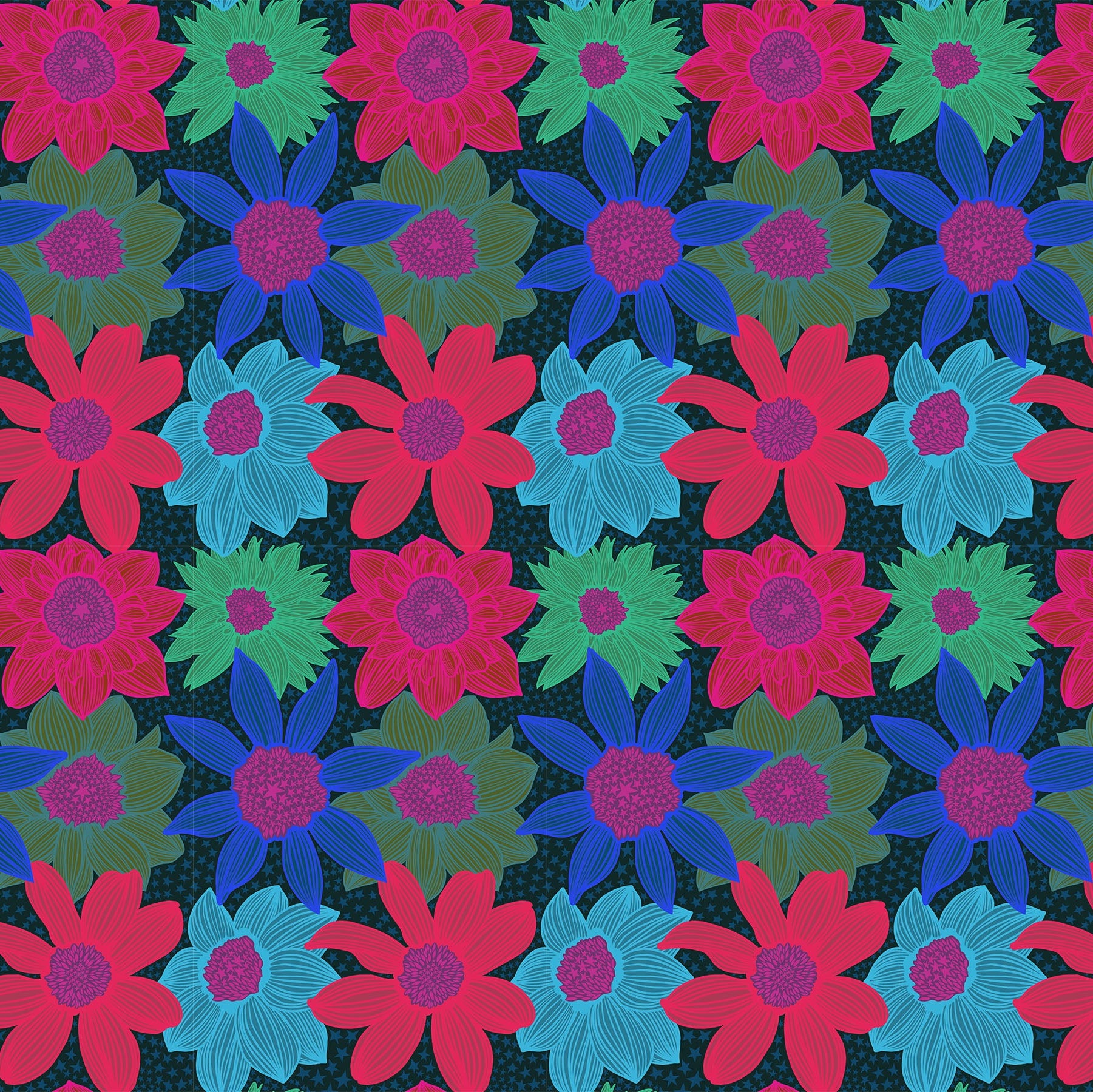 Pattern of colorful pink, blue and green flowers on a dark blue background