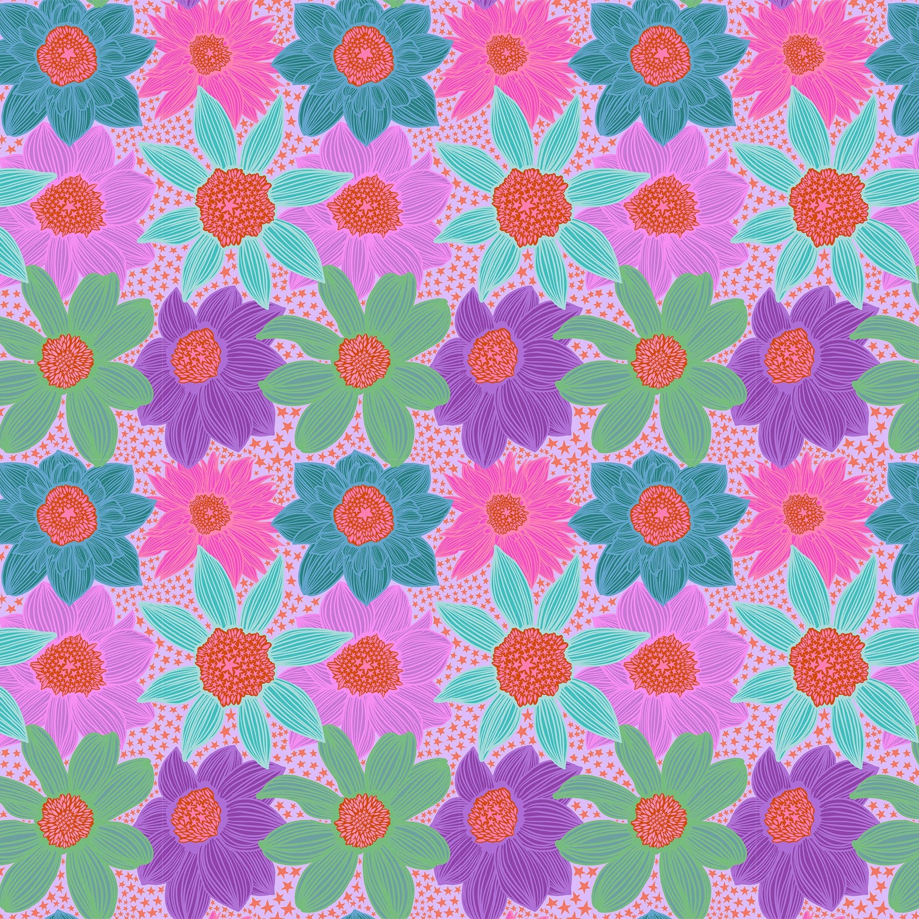 Pattern of colorful flowers on a pink background