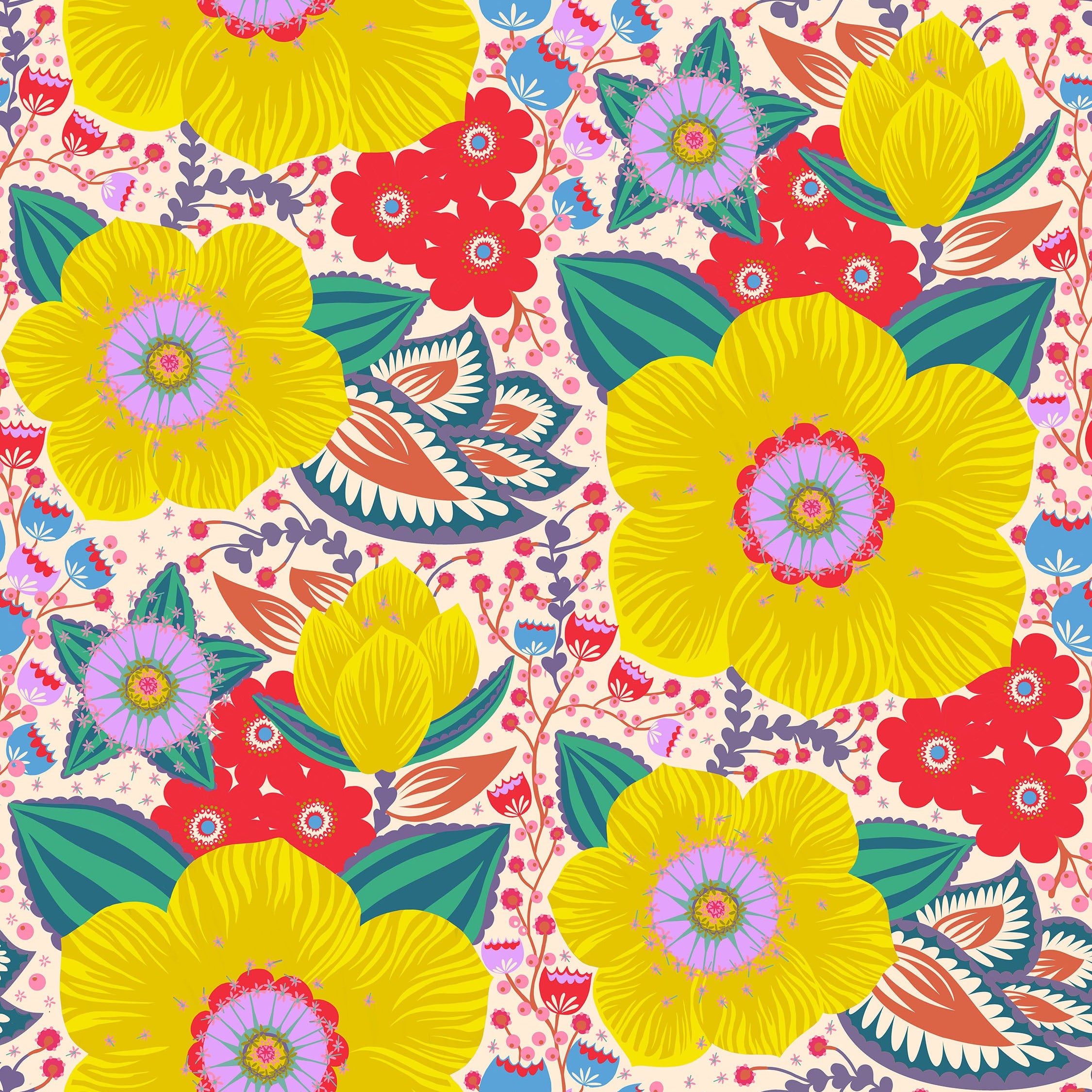 Colorful floral pattern with yellow and red flowers on a white background