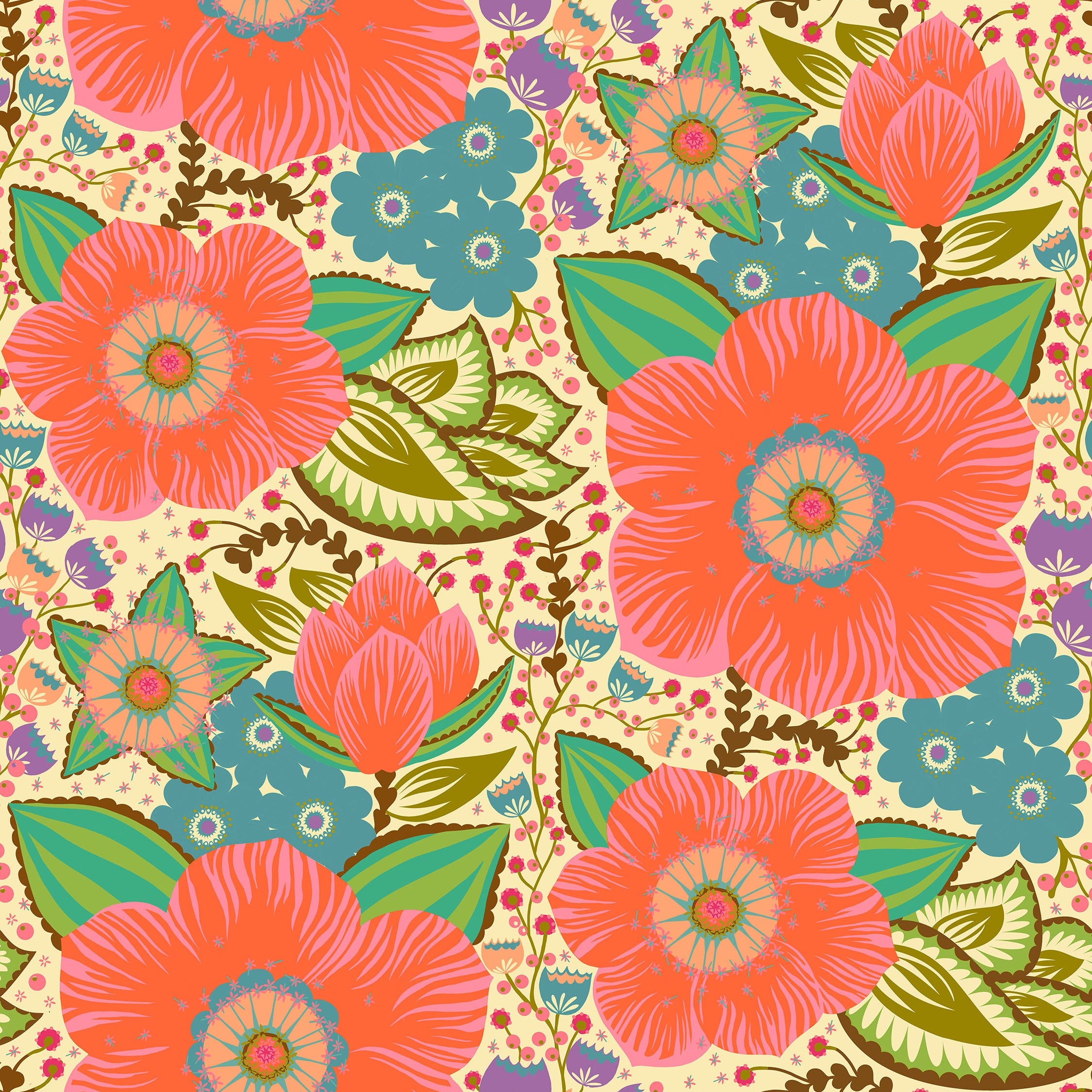 Colorful floral pattern with coral flowers on a yellow background