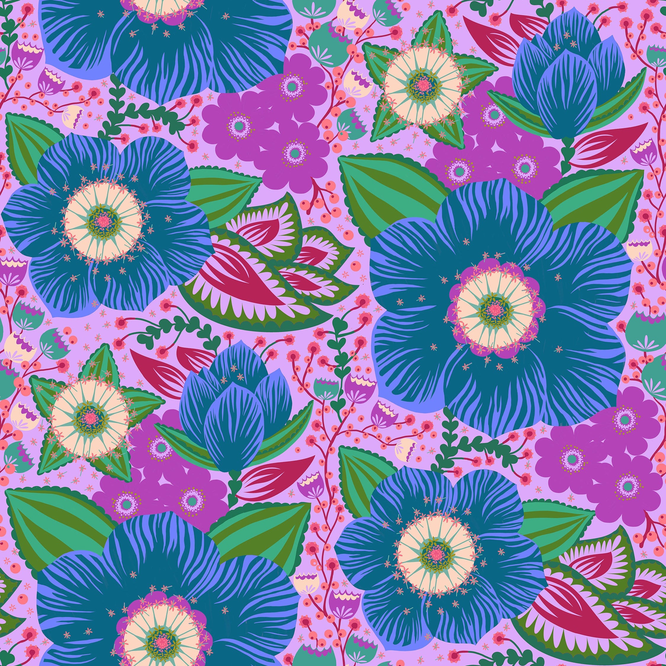 Colorful floral pattern with blue and purple flowers on a pink background