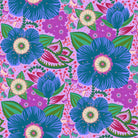 Colorful floral pattern with blue and purple flowers on a pink background