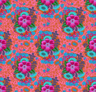 Colorful floral pattern with pink flowers on a pink background