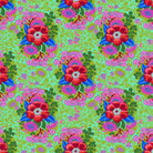 Colorful floral pattern with red, blue, and pink flowers on a green background