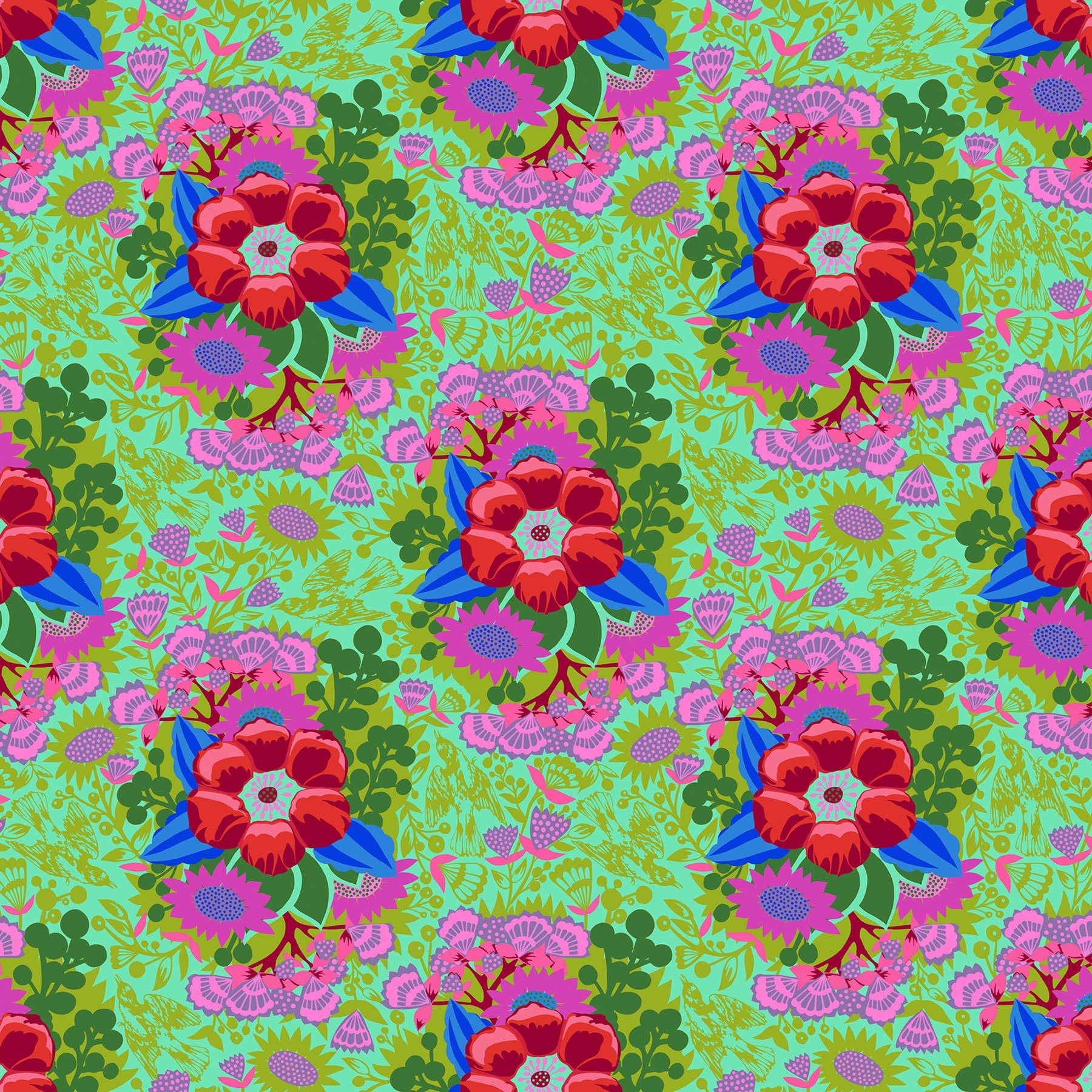 Colorful floral pattern with red, blue, and pink flowers on a green background