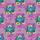 Colorful floral pattern with blue and yellow flowers on a pink background