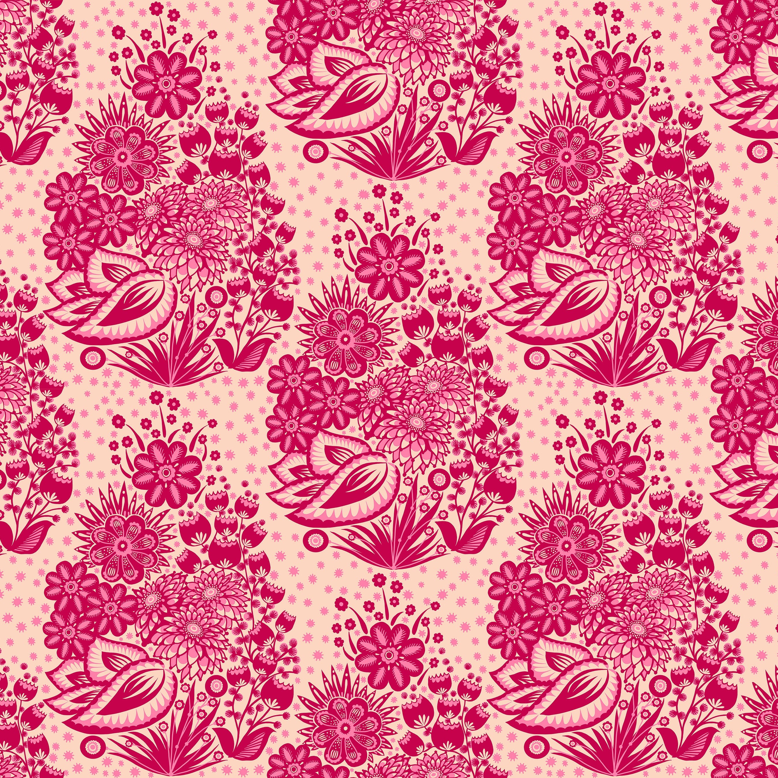 Red florals and leaves on a pink background.
