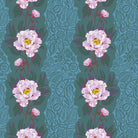 Patterned fabric with pink flowers on a blue background