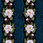 Decorative pattern with white flowers and blue lace on a dark background