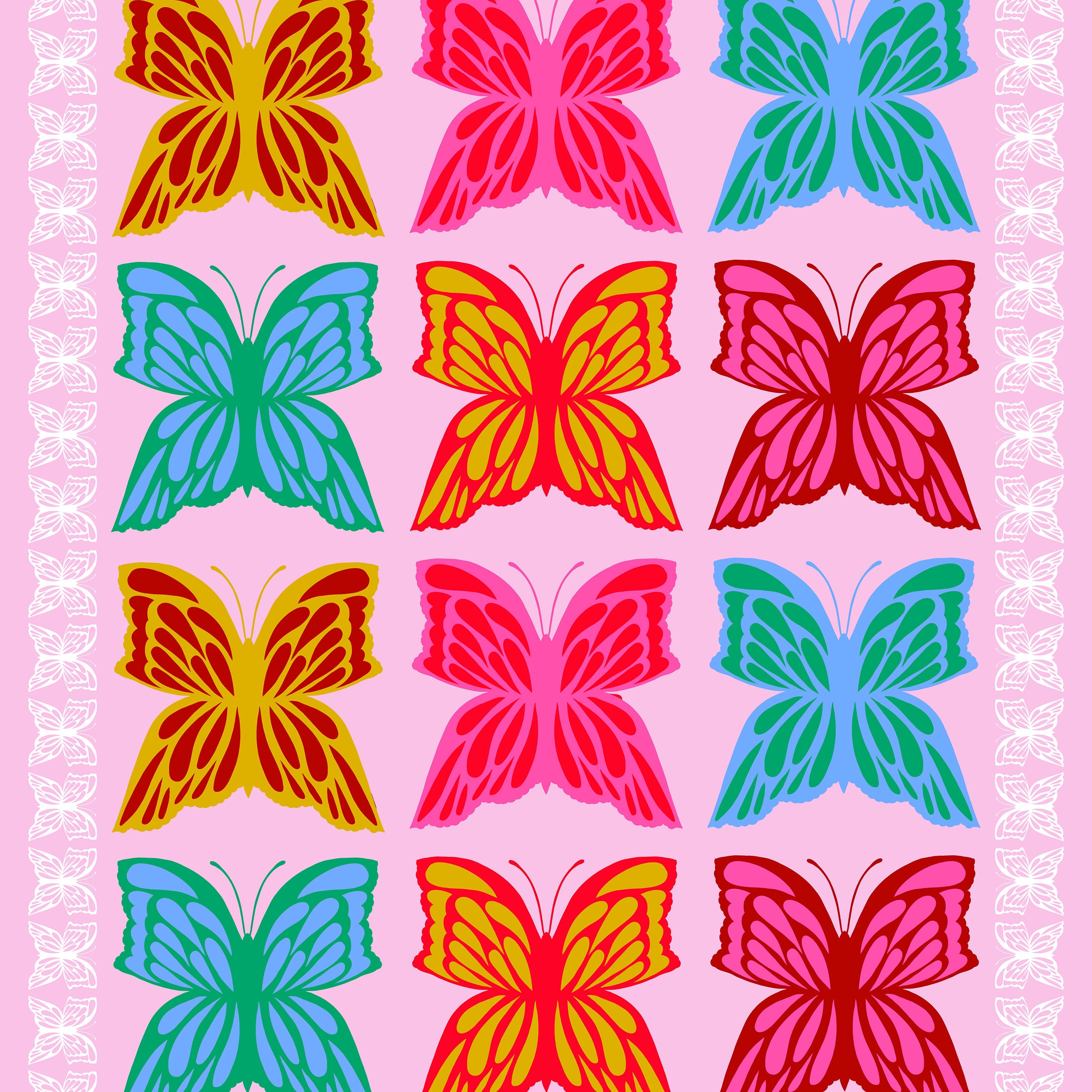 Pattern of colorful butterflies on a pink background