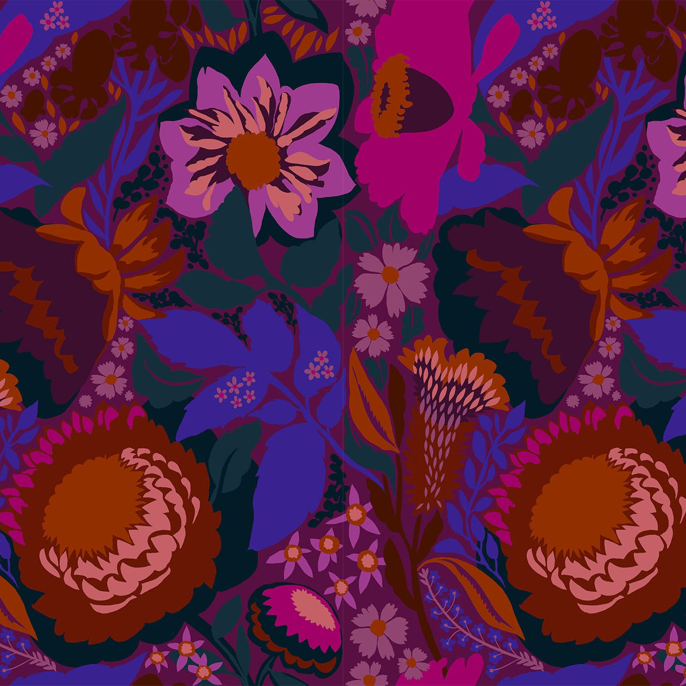 Colorful floral pattern with various flowers on a plum background