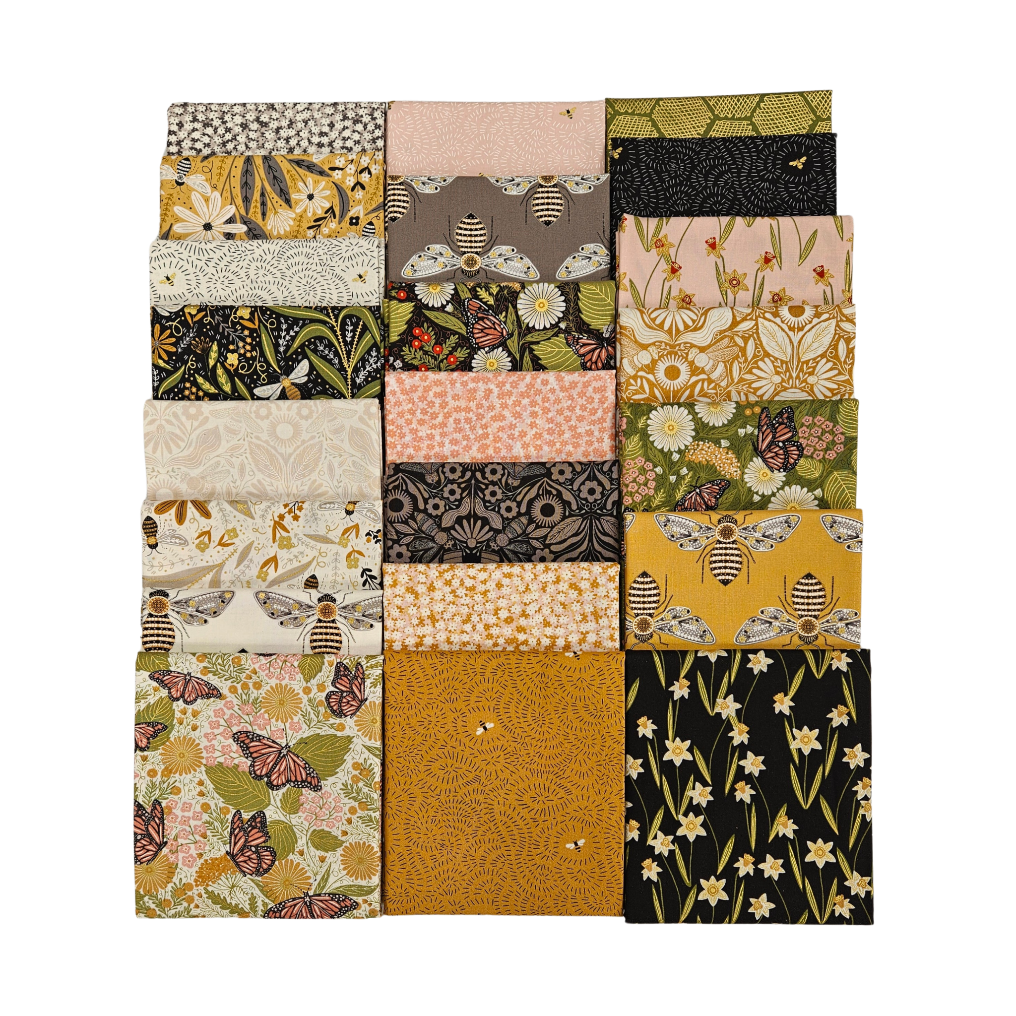 A collection of 22 different half-yard fabric cuts from the Bee Garden collection by Gingiber, displaying a variety of floral, geometric, and animal print designs.