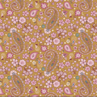 A close-up of a floral and paisley patterned fabric or wallpaper sample on a mustard yellow background, with pink flowers, pink and blue paisley motifs, and a white inch ruler along the bottom edge for scale.