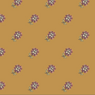 A repeating floral pattern on a warm mustard-yellow background, with small purple and white flowers and green stems. A ruler strip appears along the bottom edge for scale.