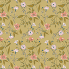 A close-up of a floral fabric pattern on a mustard yellow background, featuring pink flowers, light pink blossoms, and olive green leaves. A black ruler with white markings is visible along the bottom edge to show scale.