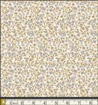 A close-up of a fabric 
pattern with a dense floral vine design in muted blue-gray and mustard-gold on a warm off-white background, with a measurement ruler along the bottom edge.