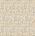 A close-up of a fabric pattern with a dense floral vine design in muted blue-gray and mustard-gold on a warm off-white background, with a measurement ruler along the bottom edge.