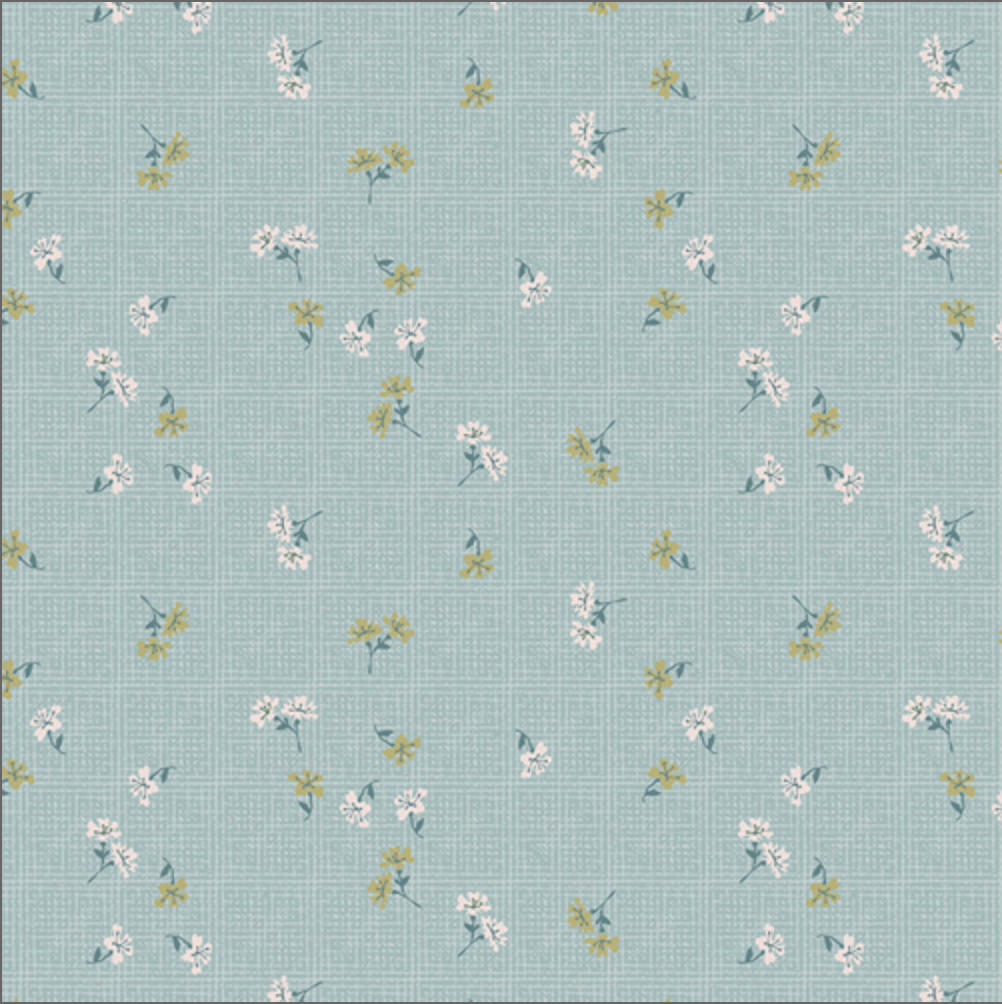A fabric pattern swatch showing a light blue-green background with a small-scale floral print in white, yellow, and green, with a measuring ruler along the bottom edge.