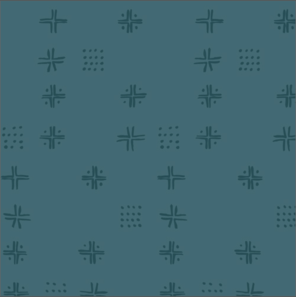 A close-up of a teal fabric pattern featuring repeating dark teal geometric motifs, with a cream-colored fabric ruler visible along the bottom edge for scale.