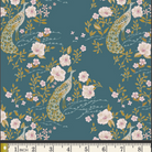 A repeating fabric pattern featuring peacocks, pink flowers, and green leaves on a dark teal background, with a ruler along the bottom edge showing measurement scale.