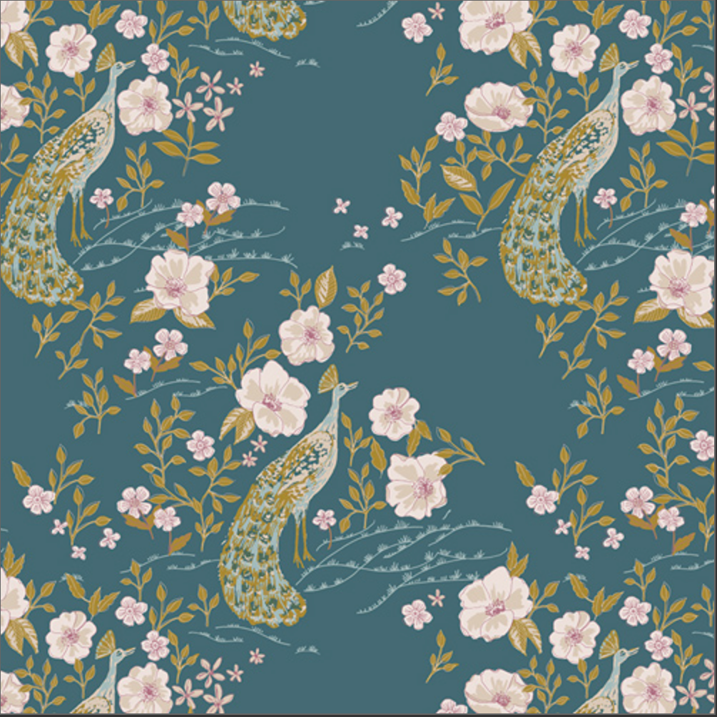 A repeating fabric pattern featuring peacocks, pink flowers, and green leaves on a dark teal background, with a ruler along the bottom edge showing measurement scale.