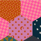 Patchwork hexagons in various colors including brown, pink, purple, and blue.