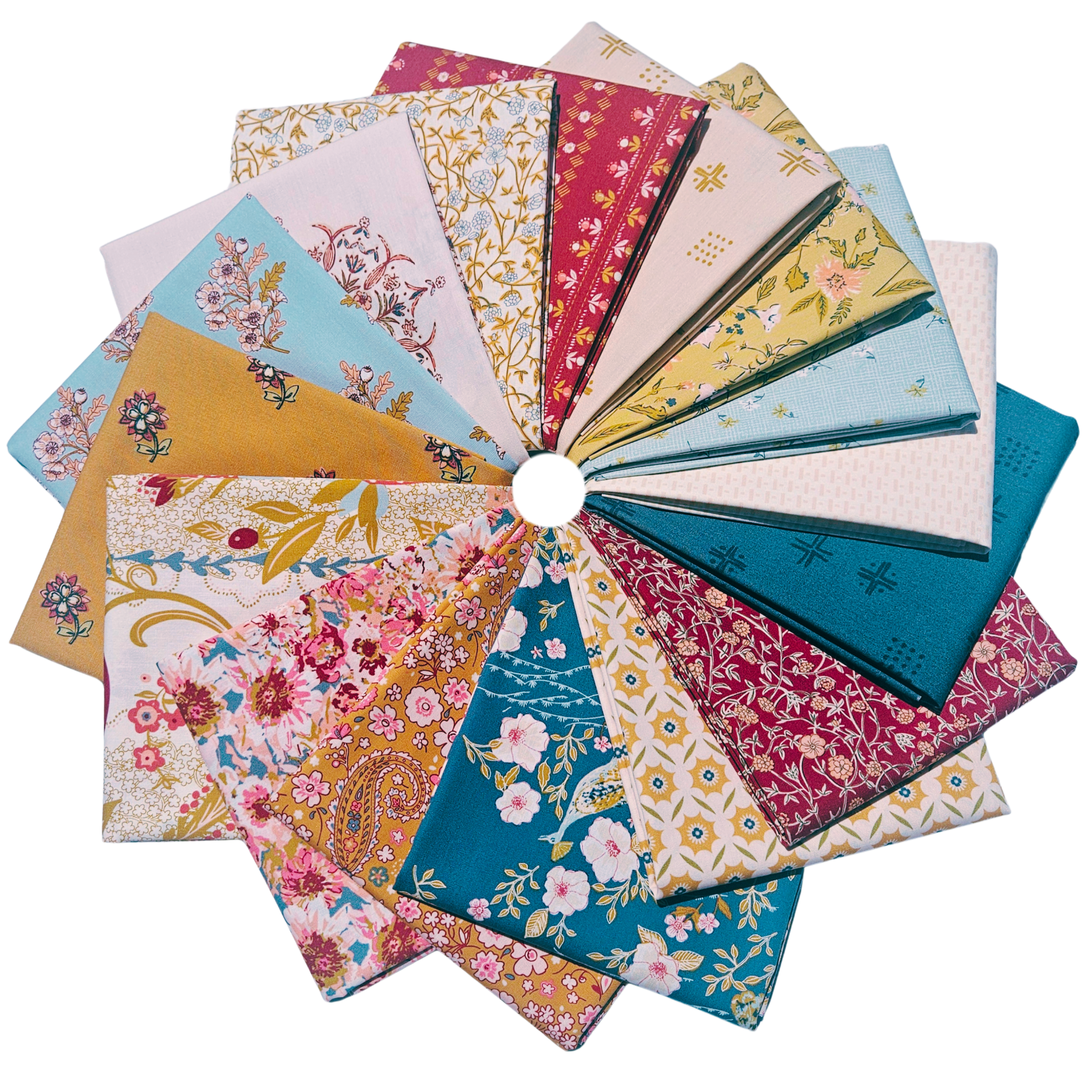 A circular fan arrangement of multiple fabric swatches with various floral and paisley patterns in pink, blue, teal, yellow, and red on a white background.