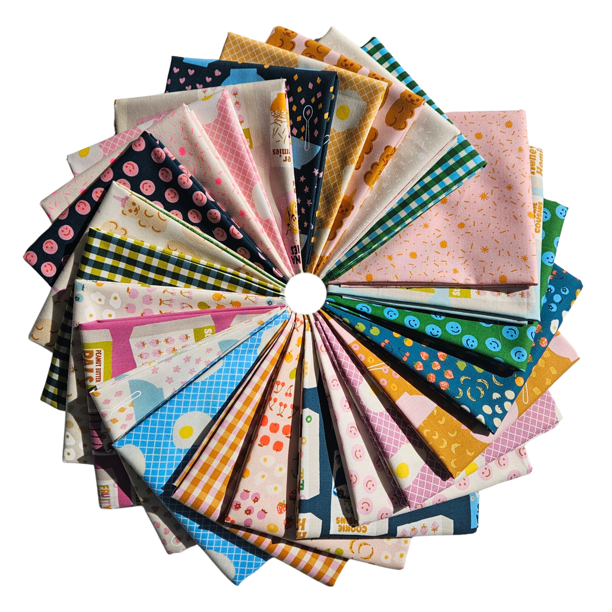 Circular arrangement of colorful fabric swatches on a white background
