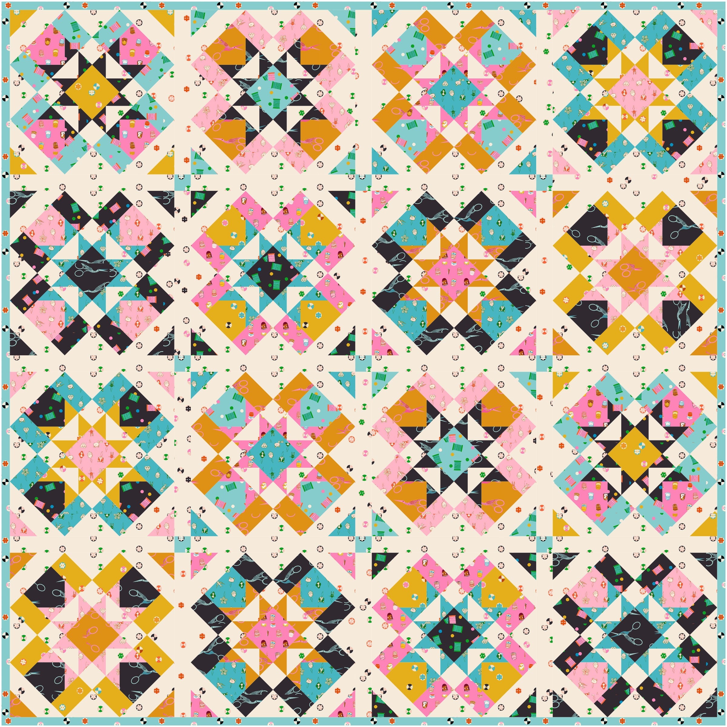 A colorful geometric quilt pattern featuring repeating star and diamond blocks in pink, teal, mustard yellow, orange, black, and cream.