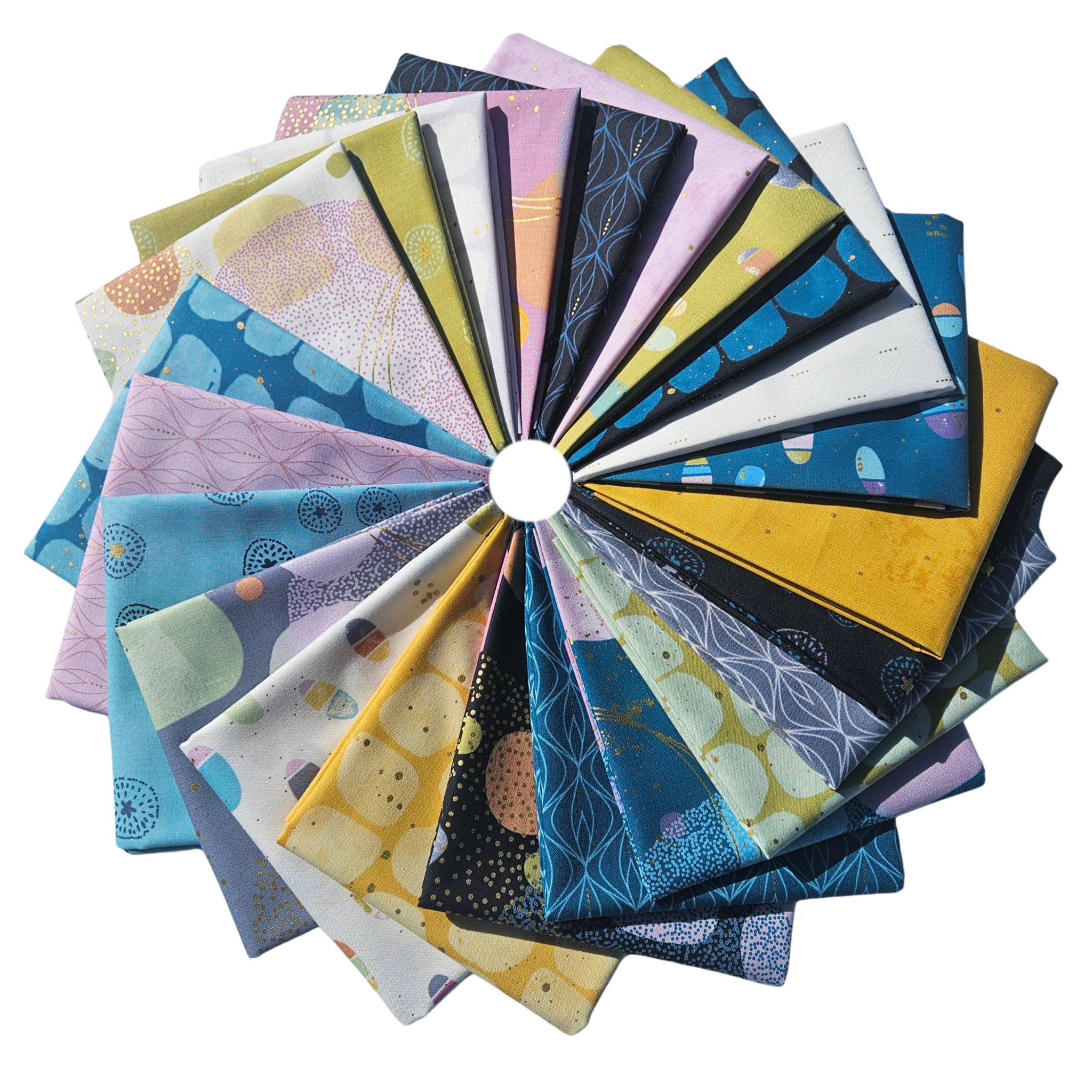 Collection of colorful fabric swatches arranged in a circular pattern on a white background