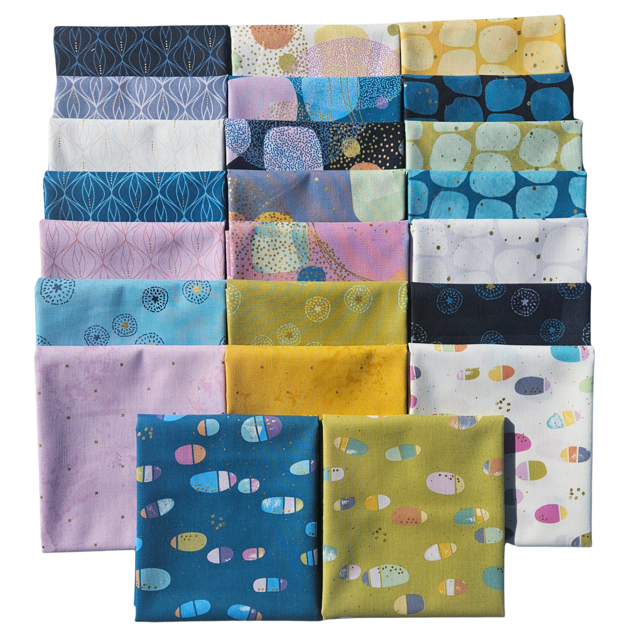 Collection of colorful fabric squares with various patterns arranged in a grid.