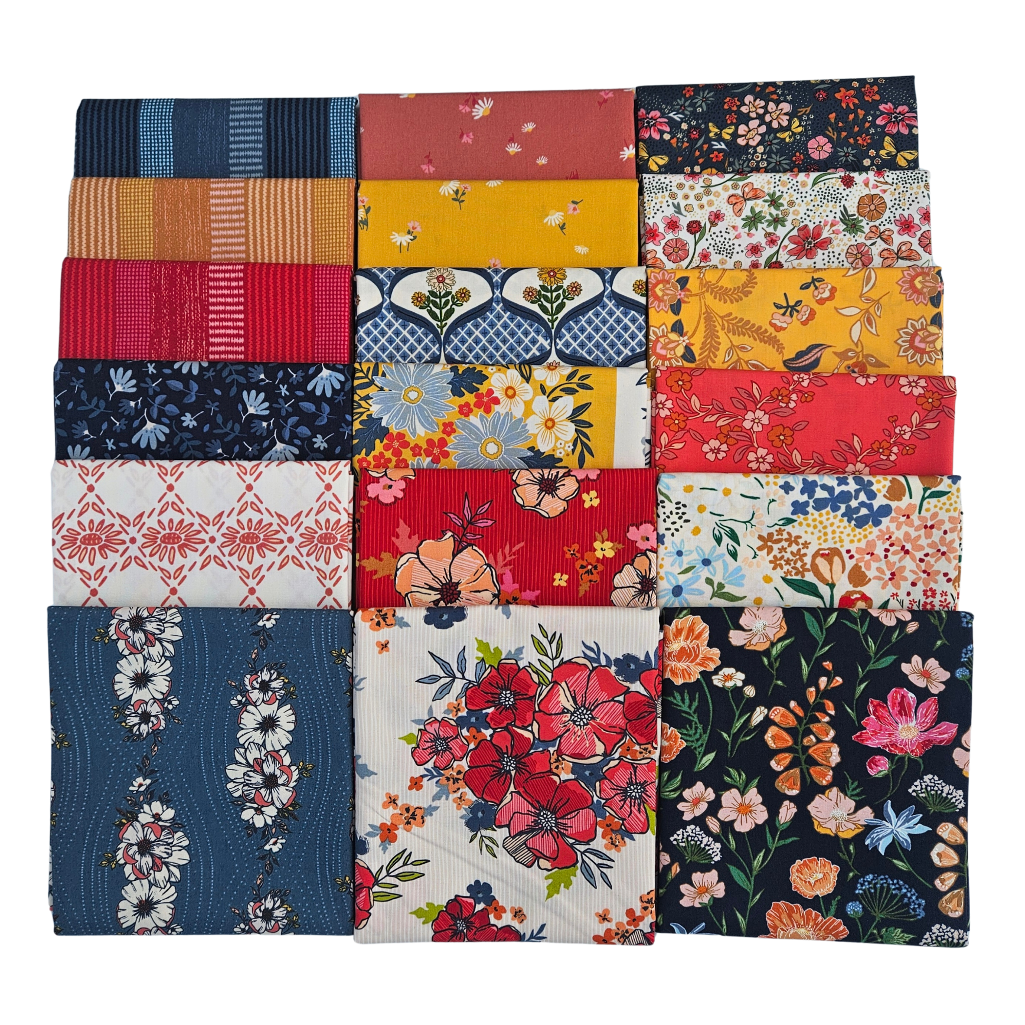 Collection of colorful fabric swatches with various floral patterns on a white background