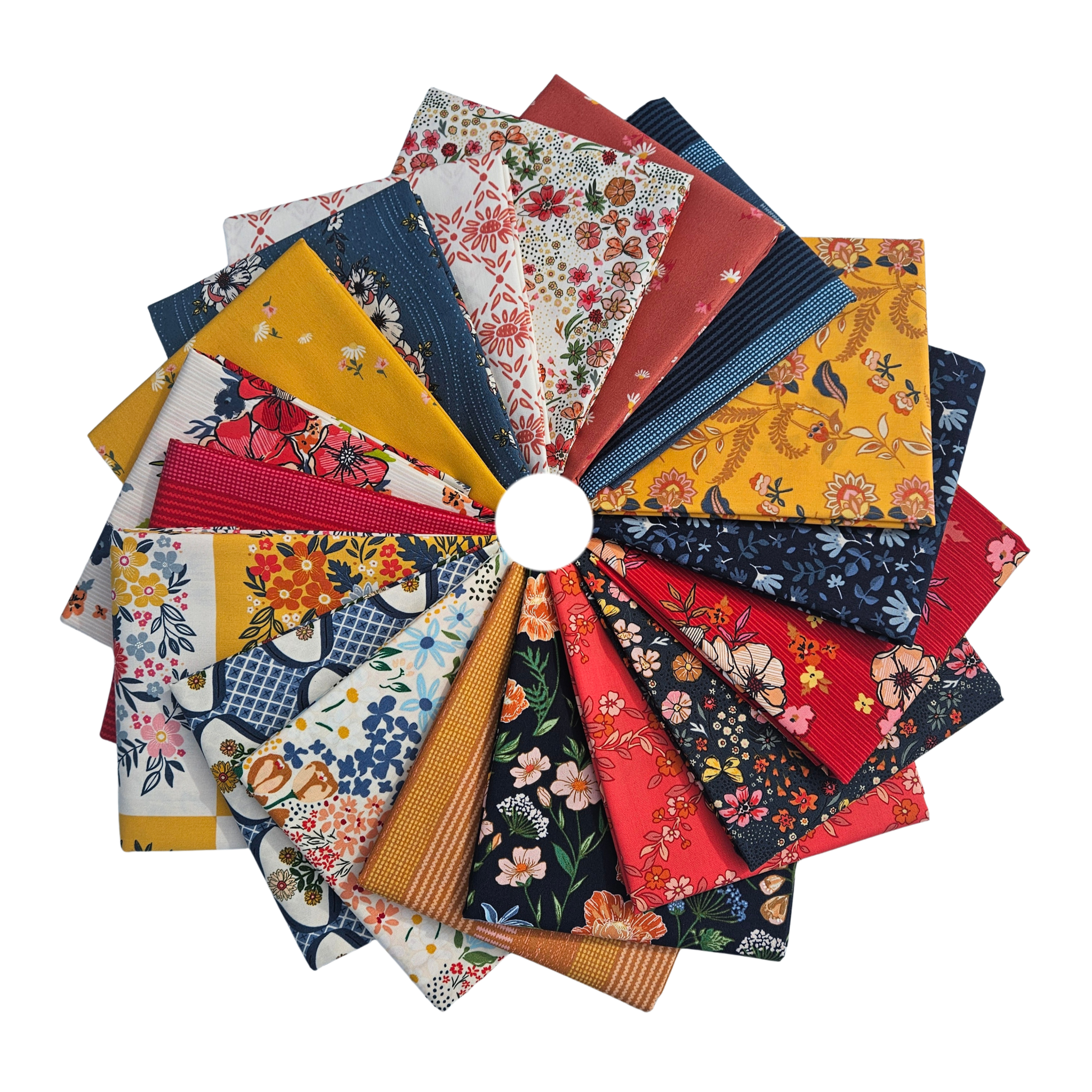 Collection of colorful fabric squares arranged in a circular pattern on a white background