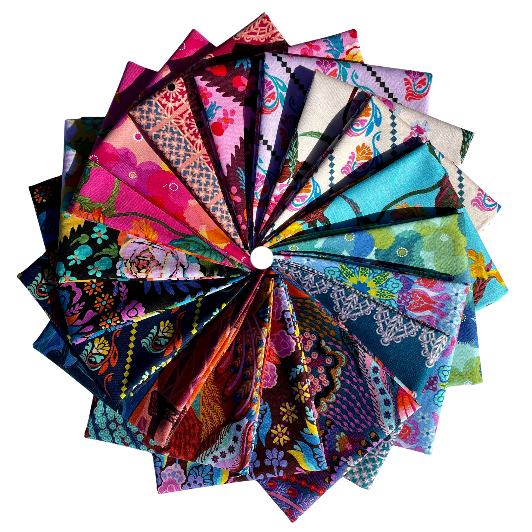 Colorful fabric swatches arranged in a circular pattern on a white background