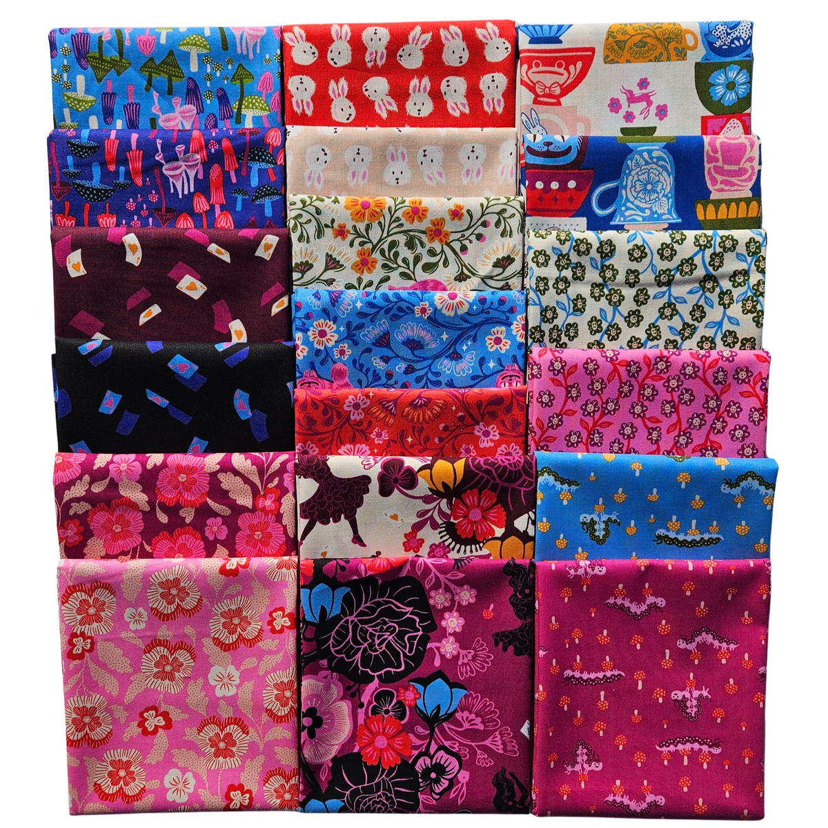 A grid of 19 folded fabric samples with various colorful patterns, including floral, geometric, and whimsical illustrations, displayed on a clean white background.