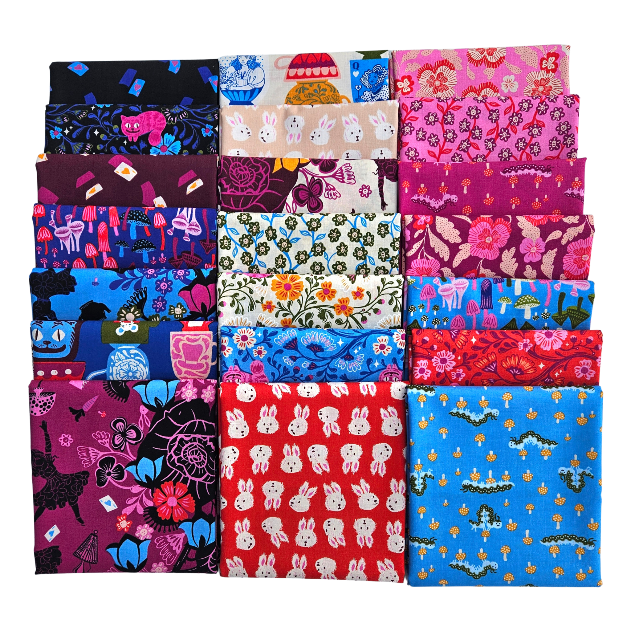 Collection of colorful fabric swatches with various patterns on a white background