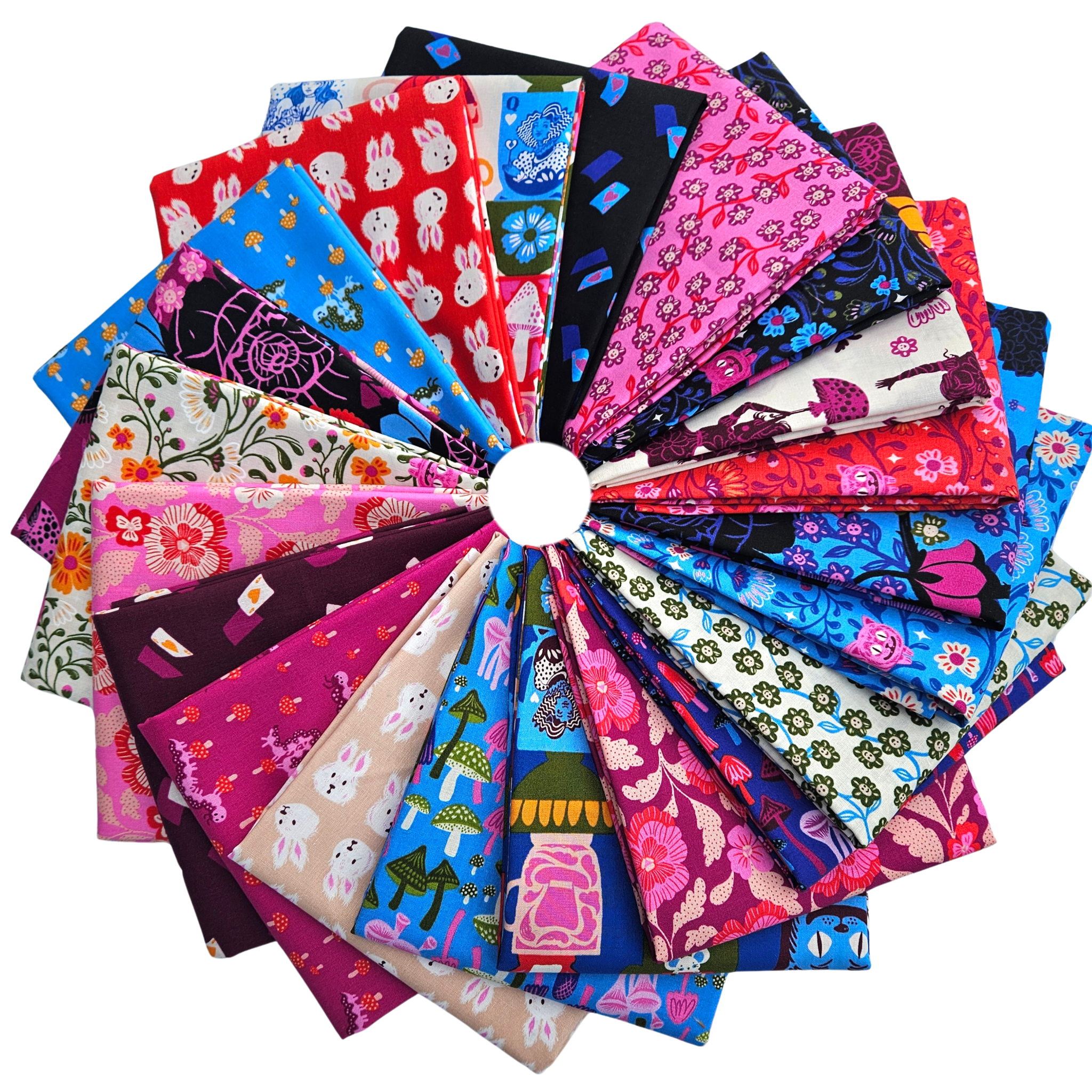 Assorted colorful fabric swatches arranged in a circular pattern on a white background