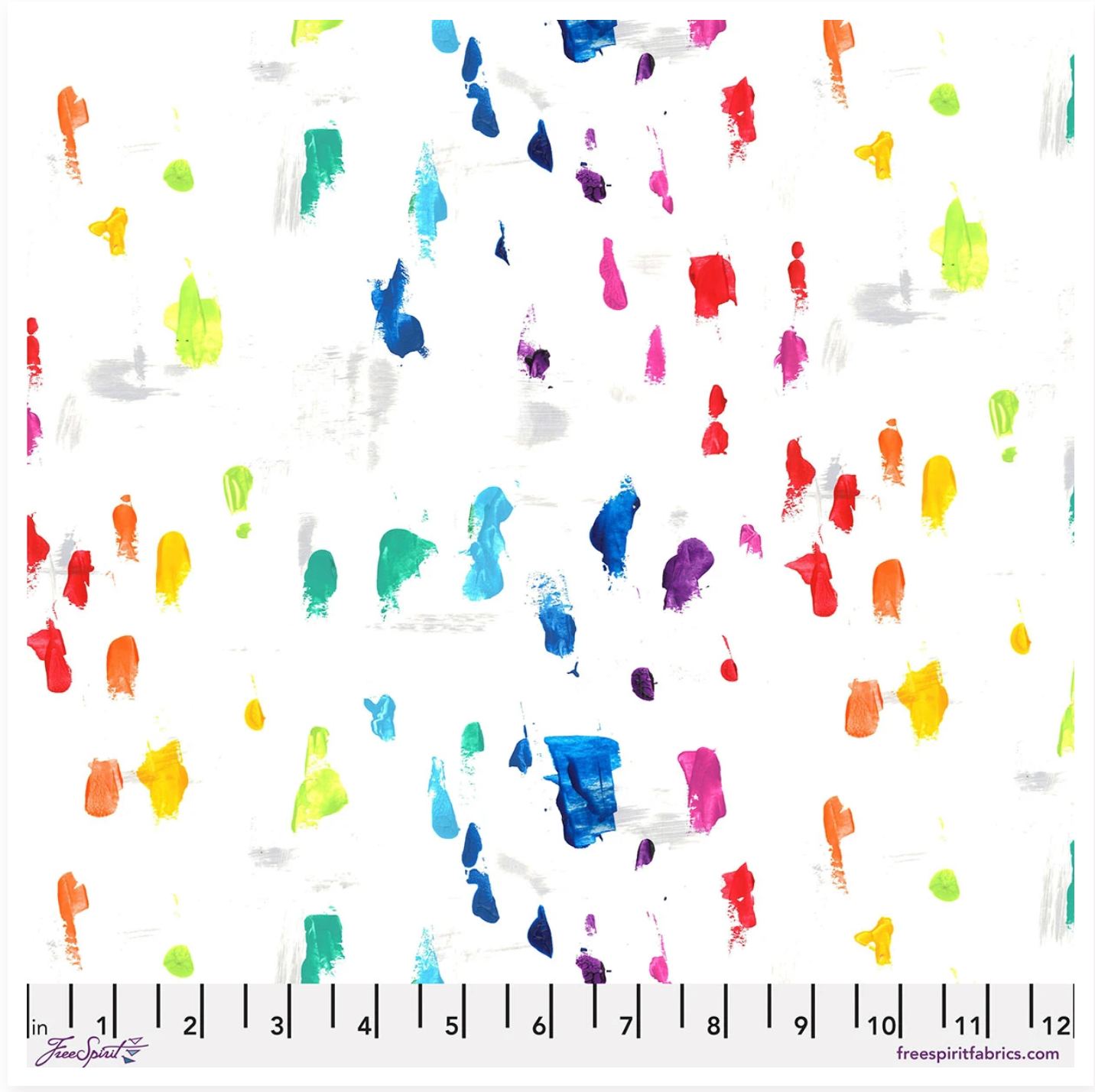 Colorful abstract paint splatter pattern on a white background with a ruler for scale.