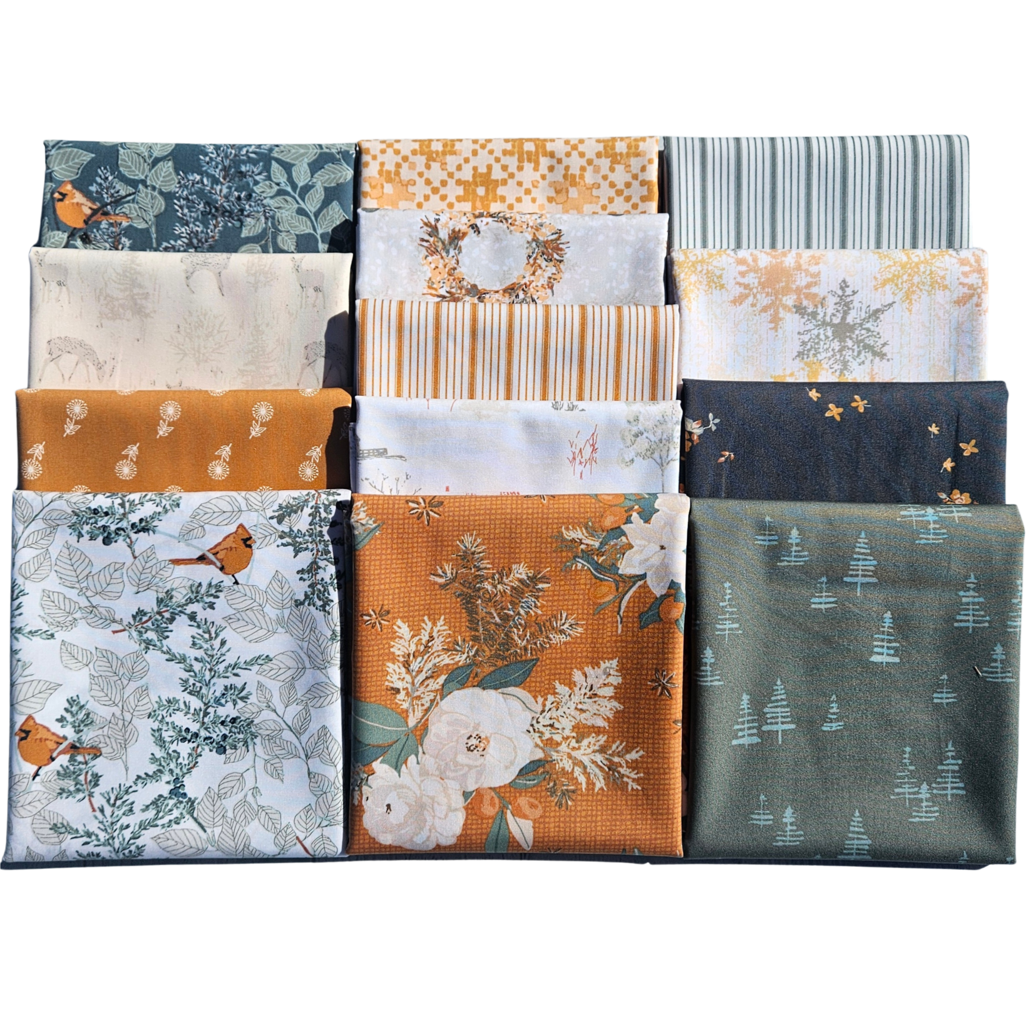 Collection of fabric swatches with various patterns arranged in a grid.