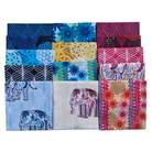 Collection of colorful fabric swatches with various patterns including elephants and floral designs.