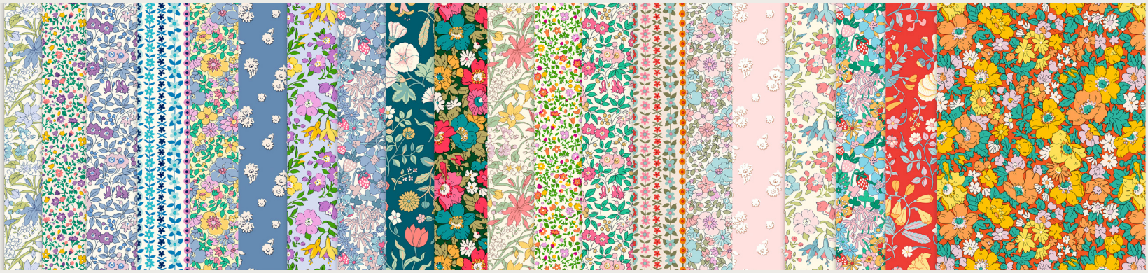 A horizontal strip showing multiple narrow vertical fabric swatches with different floral and botanical patterns in pastel and bright colors, including blue, pink, green, yellow, orange, and red.