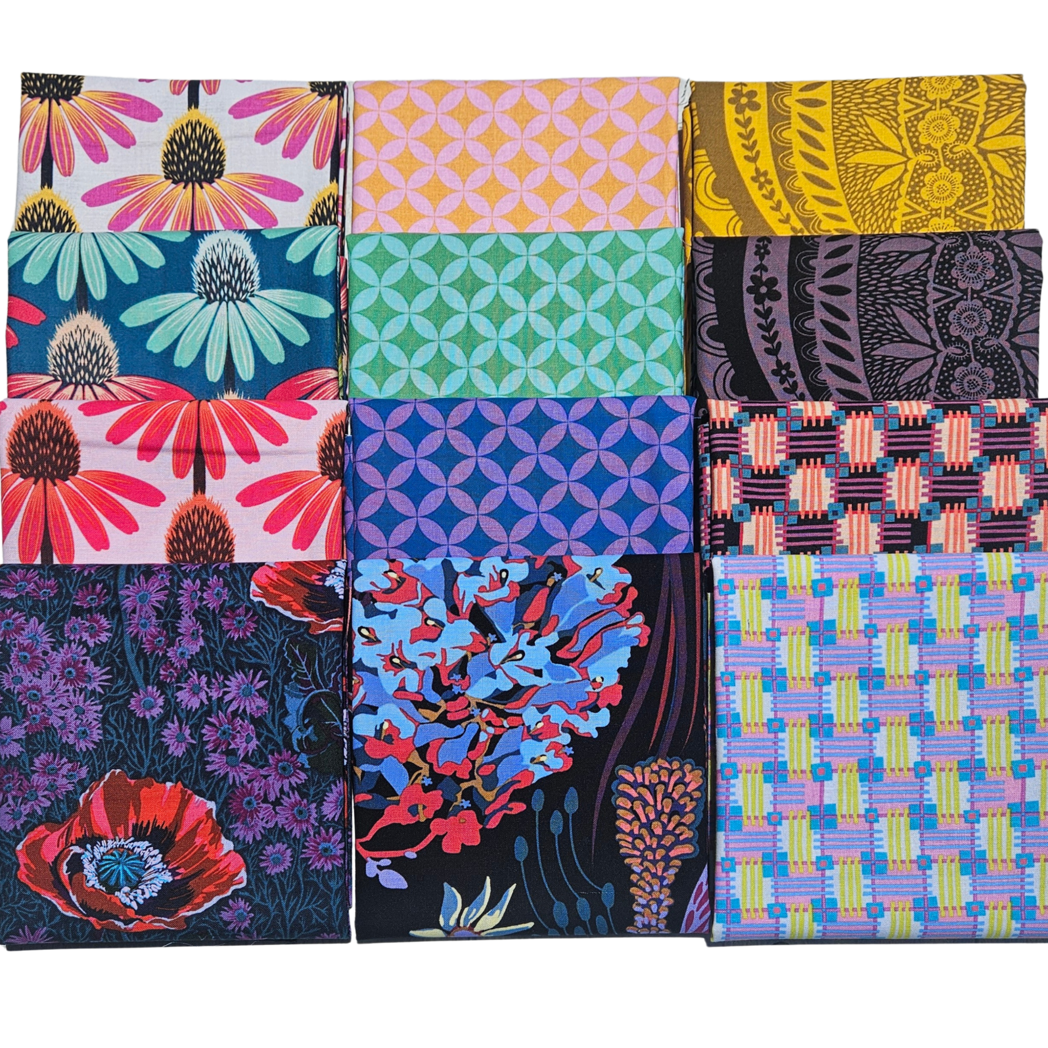 A 3x4 grid of 12 folded fabric samples with various colorful patterns including floral, geometric, and abstract designs.