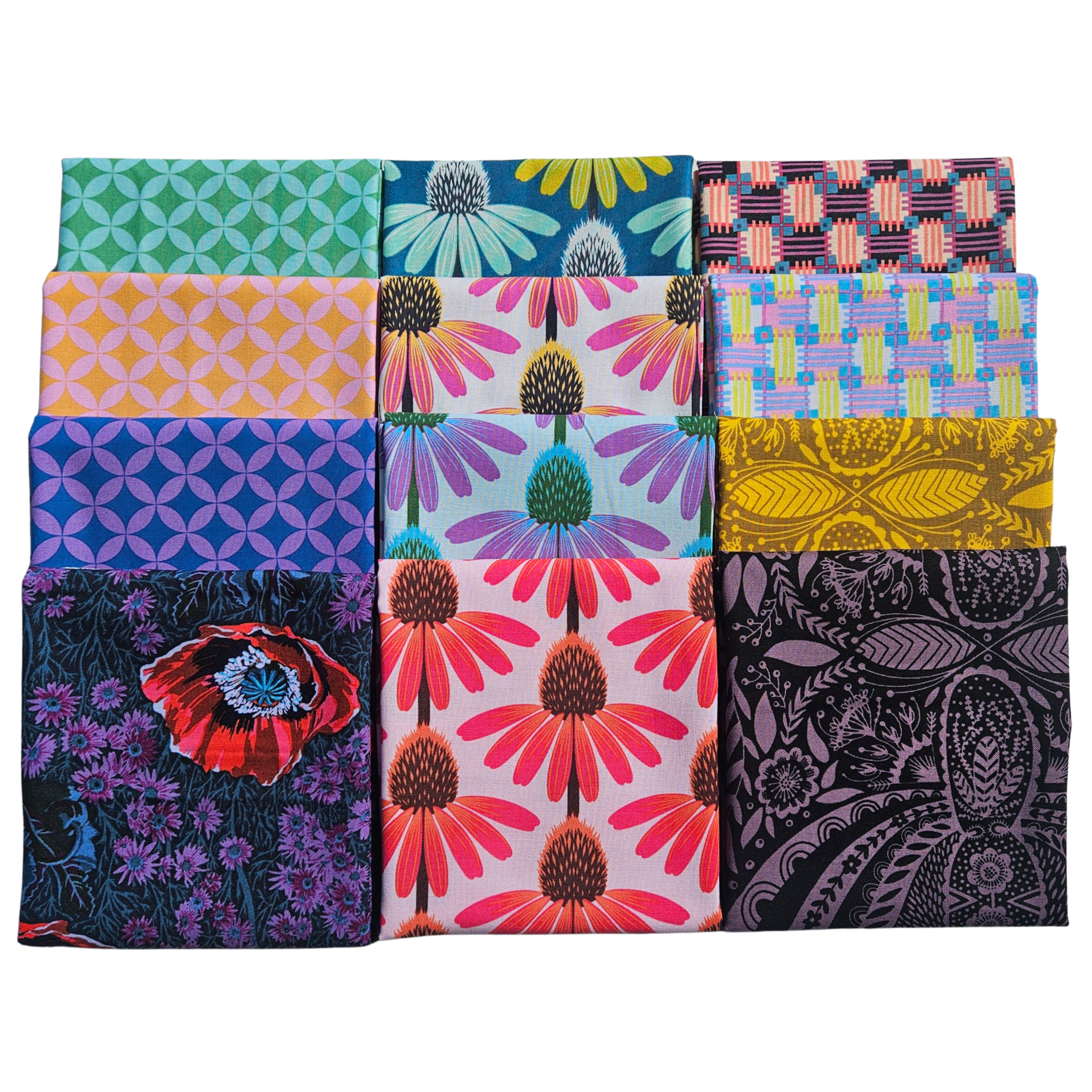 A 3x4 grid of 12 folded fabrics showcasing a variety of colorful patterns including geometric, floral, and paisley designs in vibrant shades of pink, blue, green, yellow, and purple.