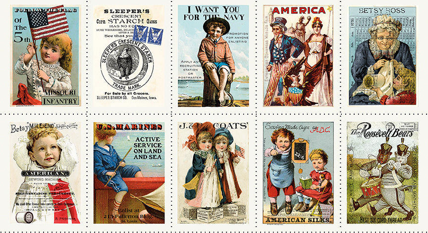 Collection of vintage advertisements featuring children and patriotic imagery.