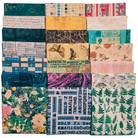 A 3x7 grid of folded fabric samples showing a variety of patterns and colors, including botanical prints, vintage text, stripes, butterflies, and floral designs.