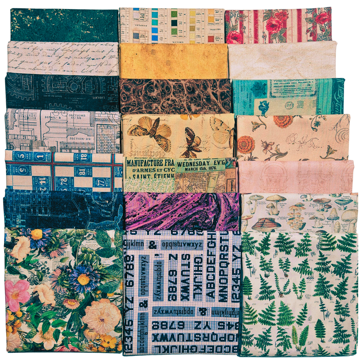 A 3x7 grid of folded fabric samples showing a variety of patterns and colors, including botanical prints, vintage text, stripes, butterflies, and floral designs.